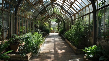 Lush Greenhouse Pathway Surrounded by Vibrant Plants