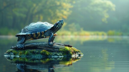 Fototapeta premium Turtle on Log in Lake: Serene Reptile Basking in Nature's Beauty