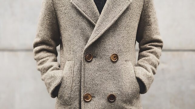 A man wearing a  brown wool peacoat.