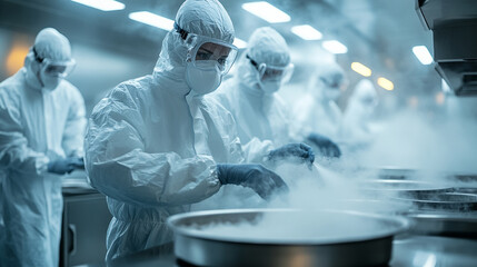 Workers in protective gear prepare food in a commercial kitchen, emphasizing safety and hygiene in a sterile environment.