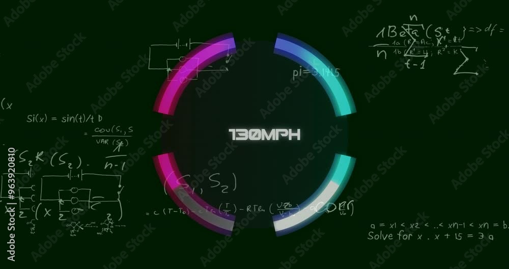 Poster animation of speedometer pver mathematical equations on black background