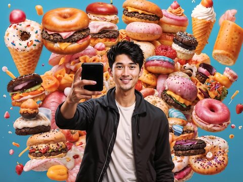 Smiling Asian man taking selfie surrounded by colorful junk food assortment against blue background - Powered by Adobe