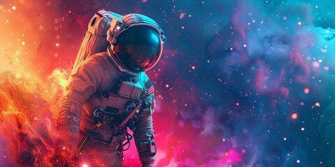 Astronaut in space with a glowing helmet and a space shuttle with bokeh background