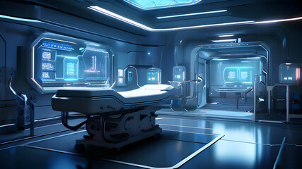 A futuristic medical facility filled with advanced equipment, glowing screens, and robotic arms.