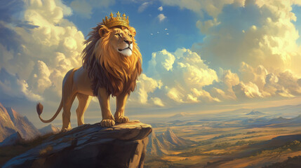 A lion with a golden crown standing on a cliff's edge, overlooking a vast, sunlit plain.