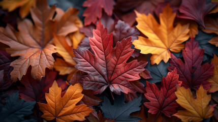 Vibrant autumn maple leaves in red, orange, and brown shades, detailed texture close-up of fallen foliage, creating a colorful seasonal pattern on the forest ground, autumnal atmosphere
