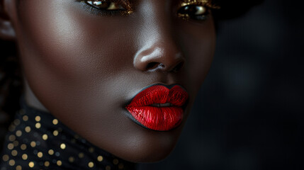 Close-up of a beautiful black woman with glossy red lips, smooth radiant skin, perfect makeup, promoting luxury cosmetics and skincare, showcasing beauty, elegance, and sophistication