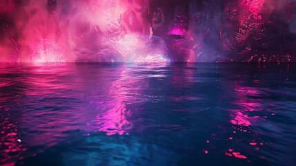 Fototapeta premium Abstract background with a still blue water surface reflecting the pink light emanating from above.