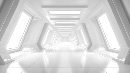 A long, white hallway with bright lights and windows.