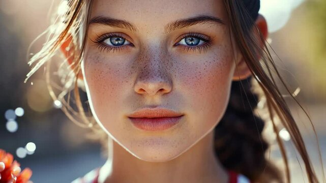 Captivating close-up of a young girl with blue eyes and freckles during a sunny outdoor setting