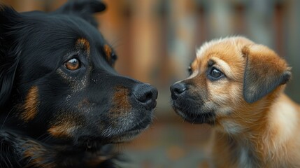 Fototapeta na wymiar Adorable Labrador and Teckel Mix Puppy Playing with Baby in Portrait