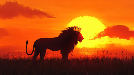 A lion with a golden crown silhouetted against a fiery sunset, standing tall in a grassy plain.