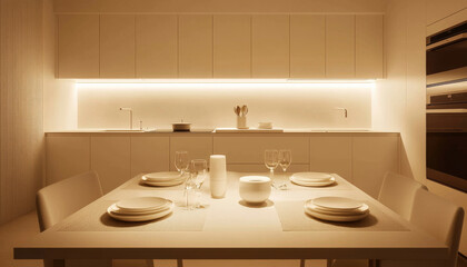 Fototapeta premium A minimalist kitchen setting with a dining table set for a meal, featuring soft lighting and simple decor.