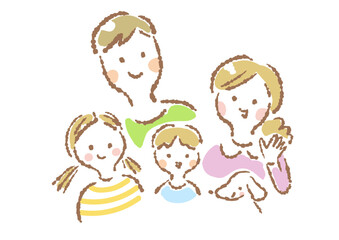 笑顔の4人家族と愛犬の上半身手描きイラスト