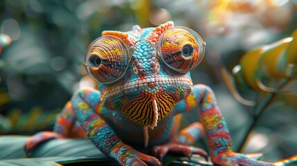Minimalistic Faceted Art Background with Colorful Wildlife and Retro Cartoon Style Masked Chameleon Wearing Sunglasses