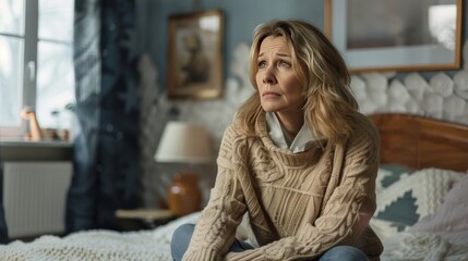 Depressed mature woman sitting in bedroom