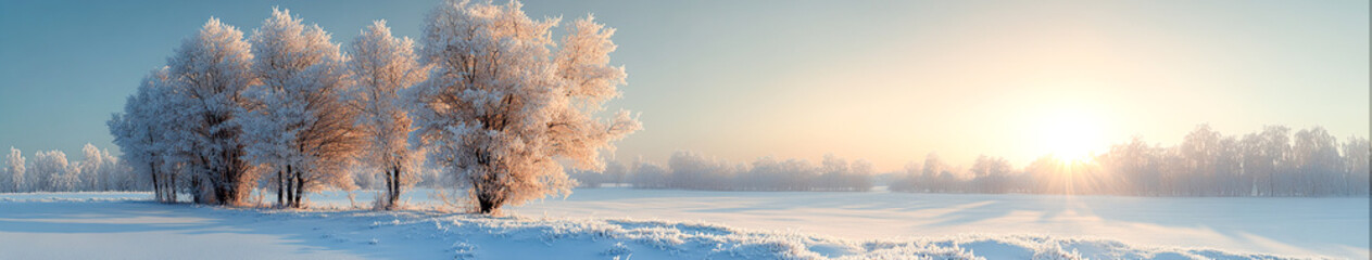 Winter Wonderland: Stunning Hyper-realistic Snow-Covered Fields and Frosty Trees Under Bright Winter Sun - Nature Landscape Background 