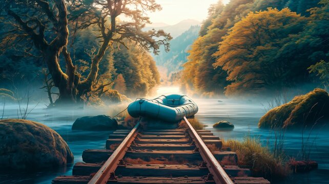 A 4K photo manipulation of a raft in a visually stunning digital photo. The raft is tied to a tree in a mysterious, adventure-filled scene. - Powered by Adobe