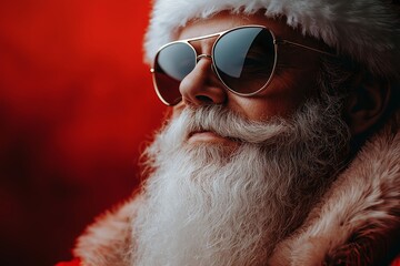 Portrait of a cool man with a white beard in a Santa Claus costume and sunglasses isolated on a red background, in the minimalistic style, copy space concept.