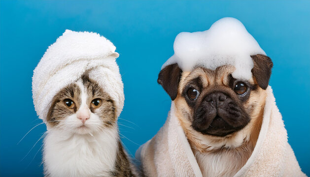 Funny wet puppy of the pug breed dog and fluffy cat after bath wrapped in towel with soap foam on dog head isolated on blue background.