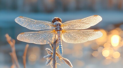 Close-up of a beautiful dragonfly on grass stalk with soft light background. Generative AI