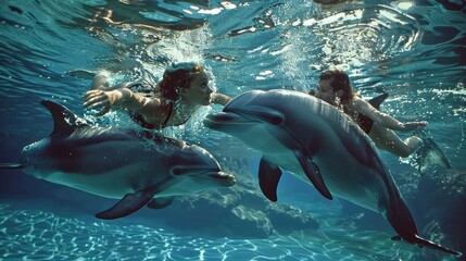 Fototapeta premium Enchanting Underwater Encounter: Swimming with Agile Dolphins