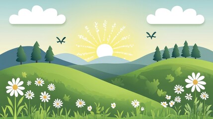 Fototapeta premium Paper Cut Landscape with Daisies Sun and Clouds
