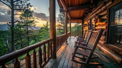 Serene Sunset View from a Cozy Log Cabin Porch