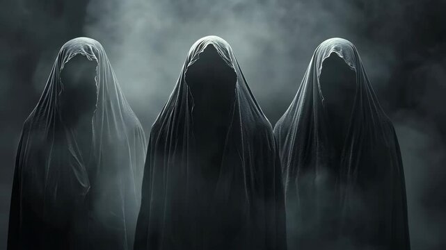 Mysterious figures shrouded in darkness emerge from the fog during an eerie night in an abandoned location