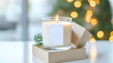 Burning Candle in Glass Jar with Blank Label and Box