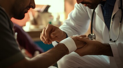 Obraz premium Applying Bandage: Doctor's hands carefully applying a bandage to a patient's arm. 