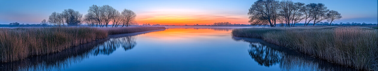 Fototapeta premium Tranquil Dawn Reflections - Hyper-Realistic River Scene with Morning Sky Colors