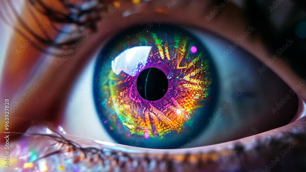 Aufkleber exploring the mesmerizing beauty of a vividly colored eye with intricate patterns and glowing elemen