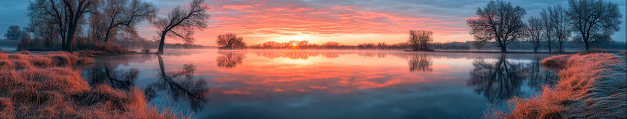 Obraz premium Serene Dawn Reflections: Hyper-Realistic Still River Photo with Morning Sky Colors