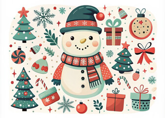 Cute Christmas illustration featuring a snowman with festive decorations and gifts

