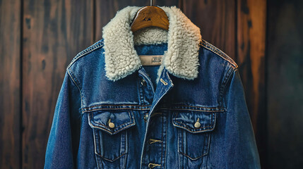 Blue denim jacket with a white faux fur collar.