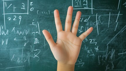 Counting Fingers: A hand showing three fingers against a chalkboard with math equations.
