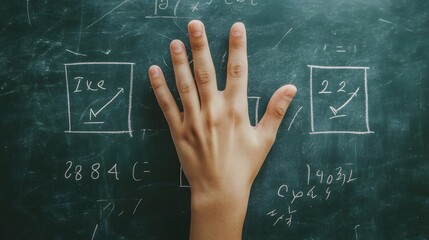 Counting Fingers: A hand showing three fingers against a chalkboard with math equations.
