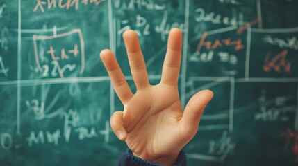 Counting Fingers: A hand showing three fingers against a chalkboard with math equations.
