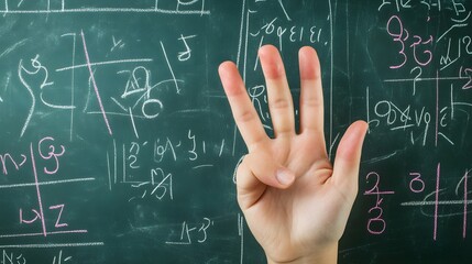 Counting Fingers: A hand showing three fingers against a chalkboard with math equations.
