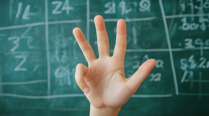 Counting Fingers: A hand showing three fingers against a chalkboard with math equations.
