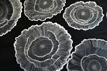 A collection of intricate, floral-like white line patterns on a dark background, showcasing artistic design.