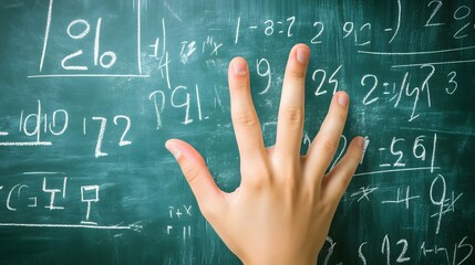 Counting Fingers: A hand showing three fingers against a chalkboard with math equations.
