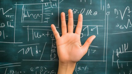 Counting Fingers: A hand showing three fingers against a chalkboard with math equations.
