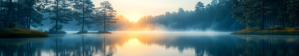 Obraz premium Serene Sunrise at Misty Lake - Hyper-Realistic Landscape with Trees Reflected in Water, Peaceful Morning Scene