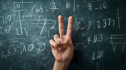 Counting Fingers: A hand showing three fingers against a chalkboard with math equations.
