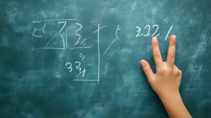 Counting Fingers: A hand showing three fingers against a chalkboard with math equations.
