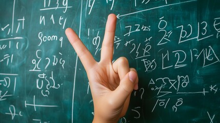 Counting Fingers: A hand showing three fingers against a chalkboard with math equations.
