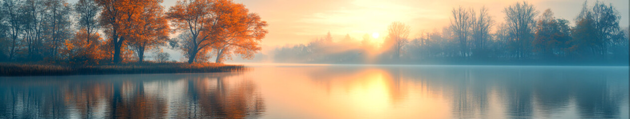 Fototapeta premium Serene Sunrise Reflections: Hyper-Realistic Lake with Misty Trees 