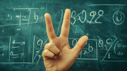 Counting Fingers: A hand showing three fingers against a chalkboard with math equations.
